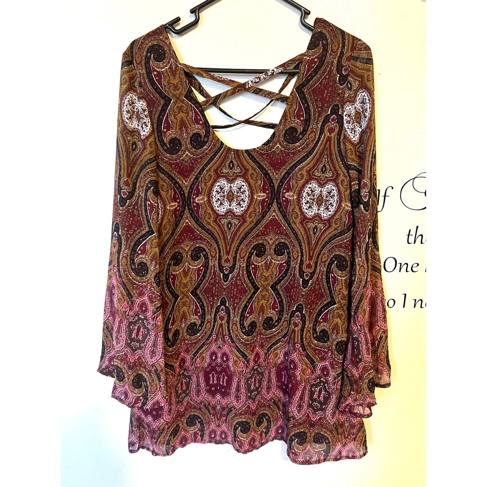 Tobi Paisley Bell Sleeve Mini Dress Burgundy Boho‎ Hippie Gypsy Whimsigoth retro